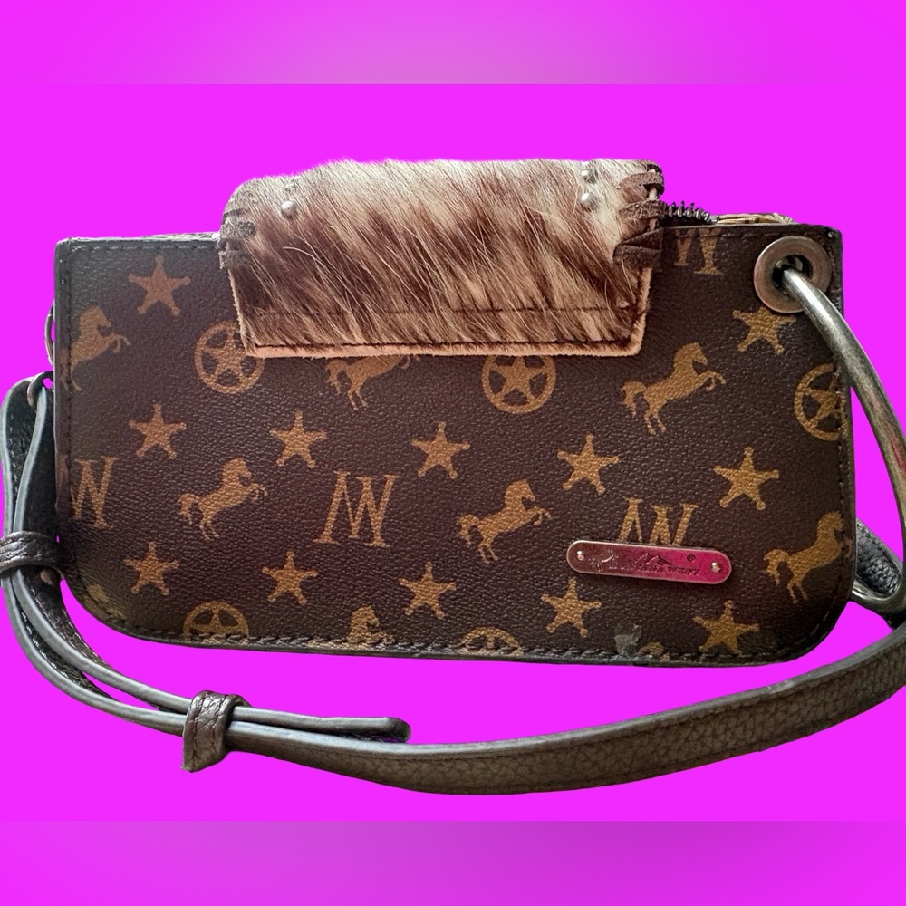 WESTERN Montana West Brown Crossbody Logo Bag Or Clutch With Fur Accent Like New - Picture 5 of 8